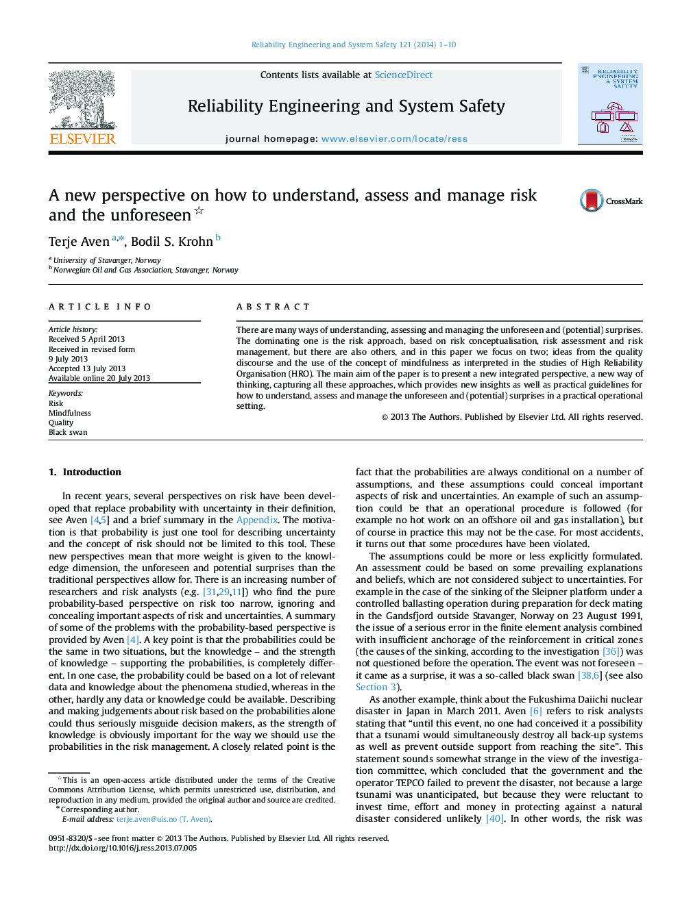 A new perspective on how to understand, assess and manage risk and the unforeseen