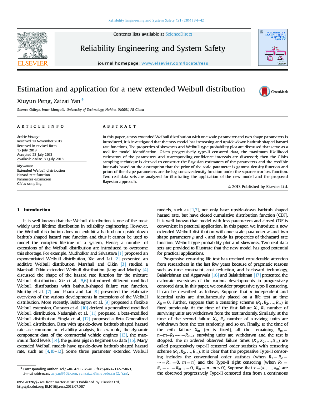 Estimation and application for a new extended Weibull distribution