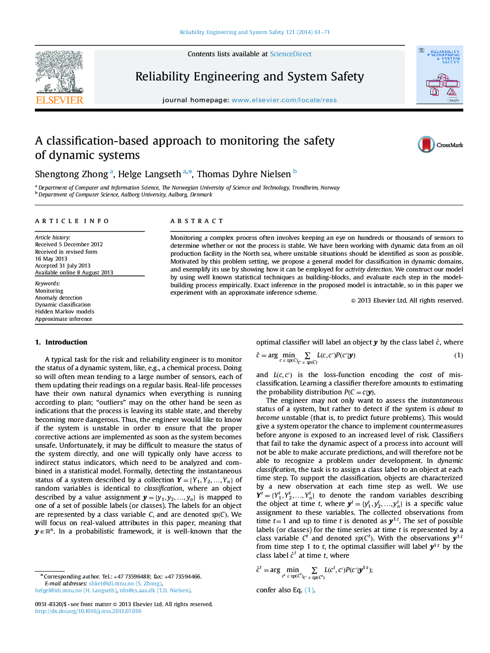 A classification-based approach to monitoring the safety of dynamic systems