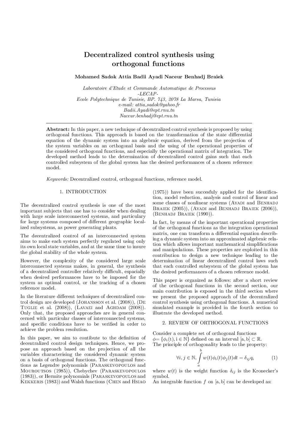 Decentralized control synthesis using orthogonal functions