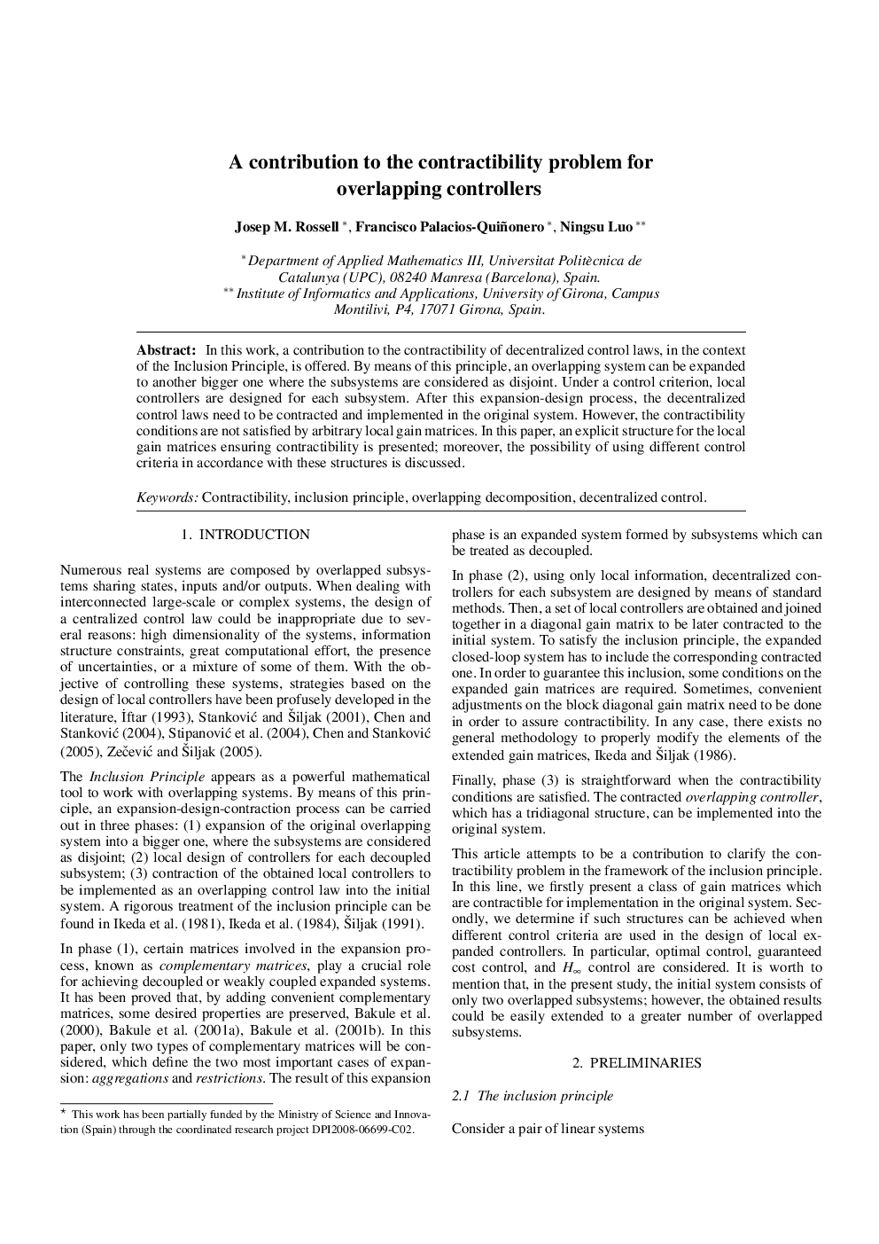 A contribution to the contractibility problem for overlapping controllers 