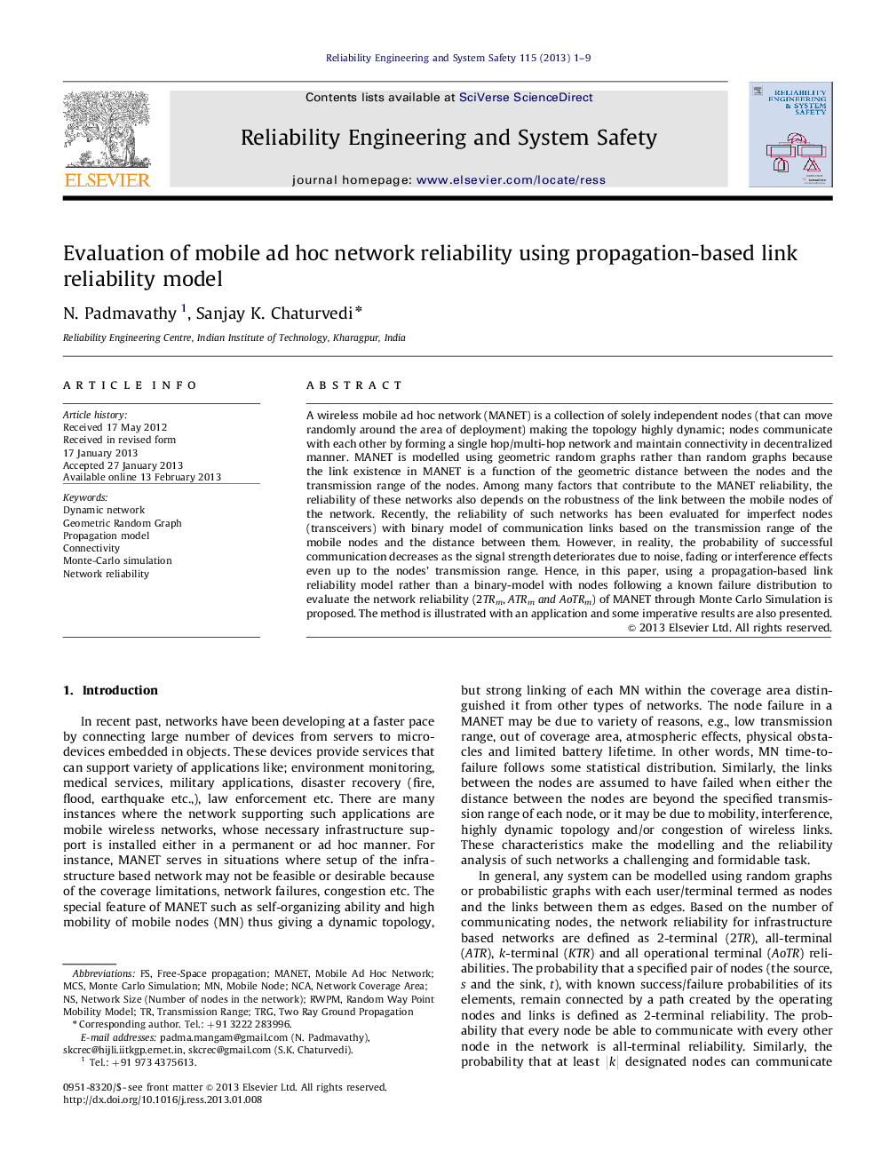 Evaluation of mobile ad hoc network reliability using propagation-based link reliability model