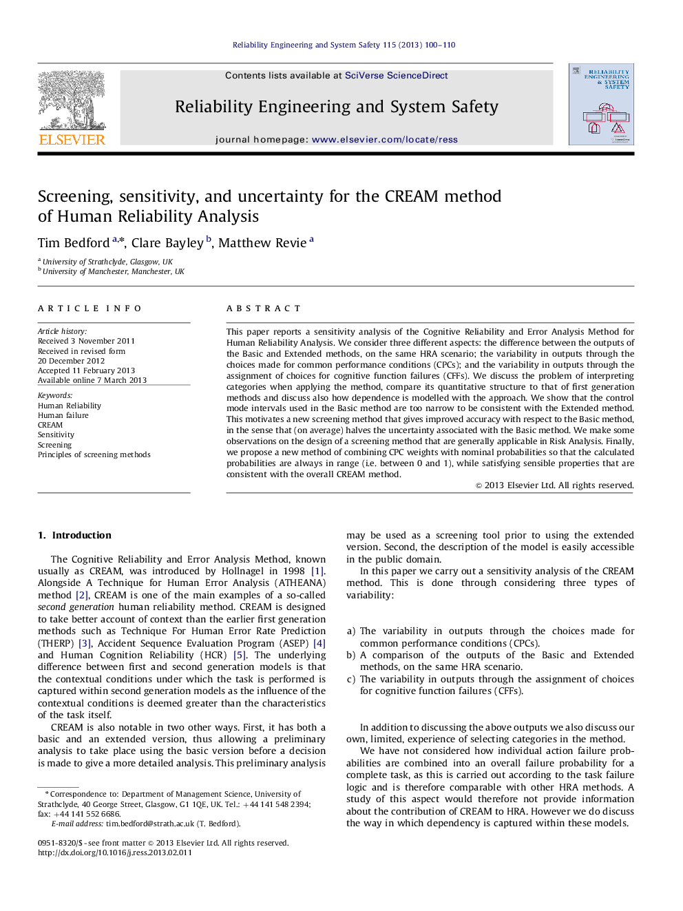 Screening, sensitivity, and uncertainty for the CREAM method of Human Reliability Analysis