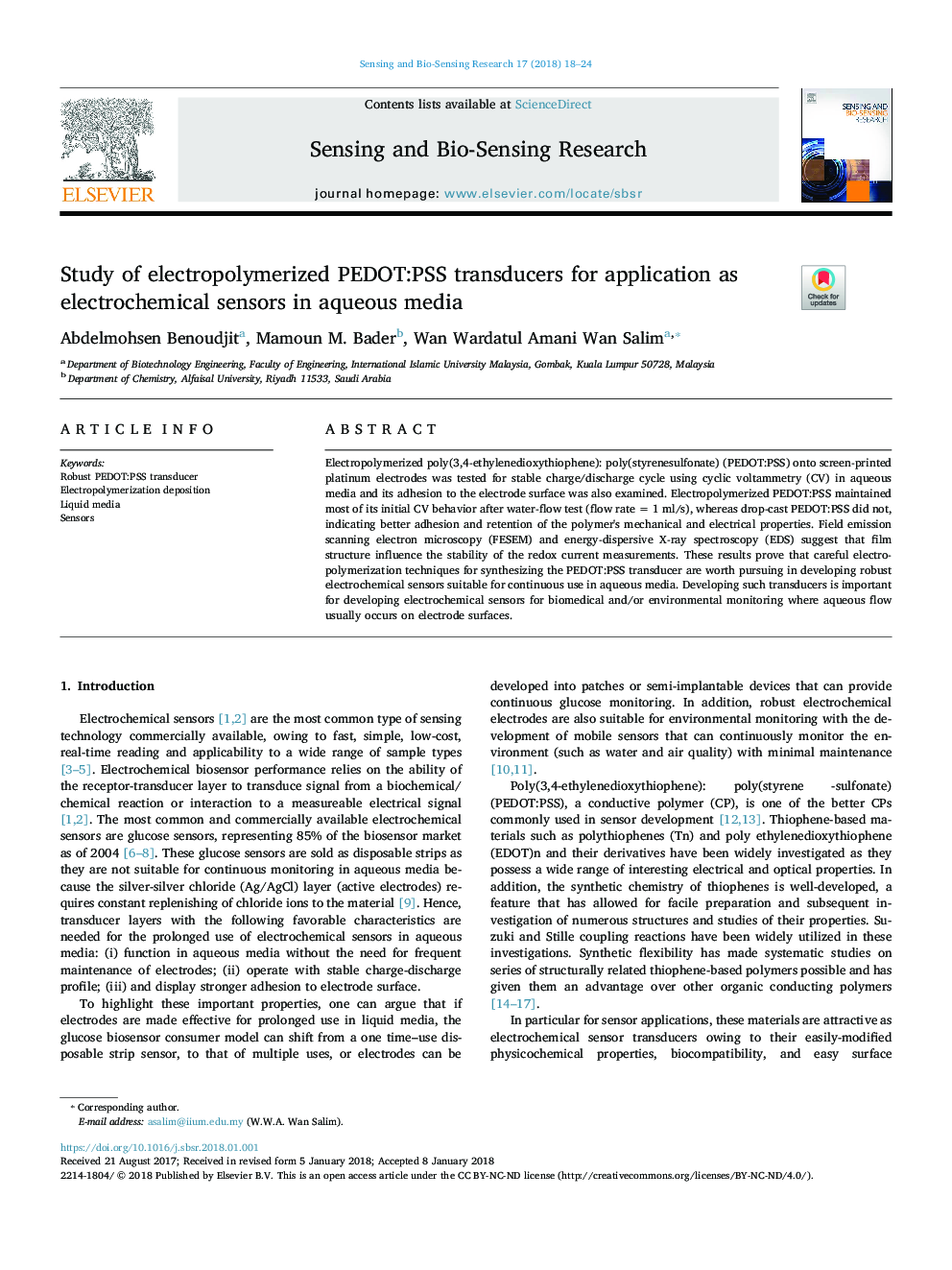 Study of electropolymerized PEDOT:PSS transducers for application as electrochemical sensors in aqueous media