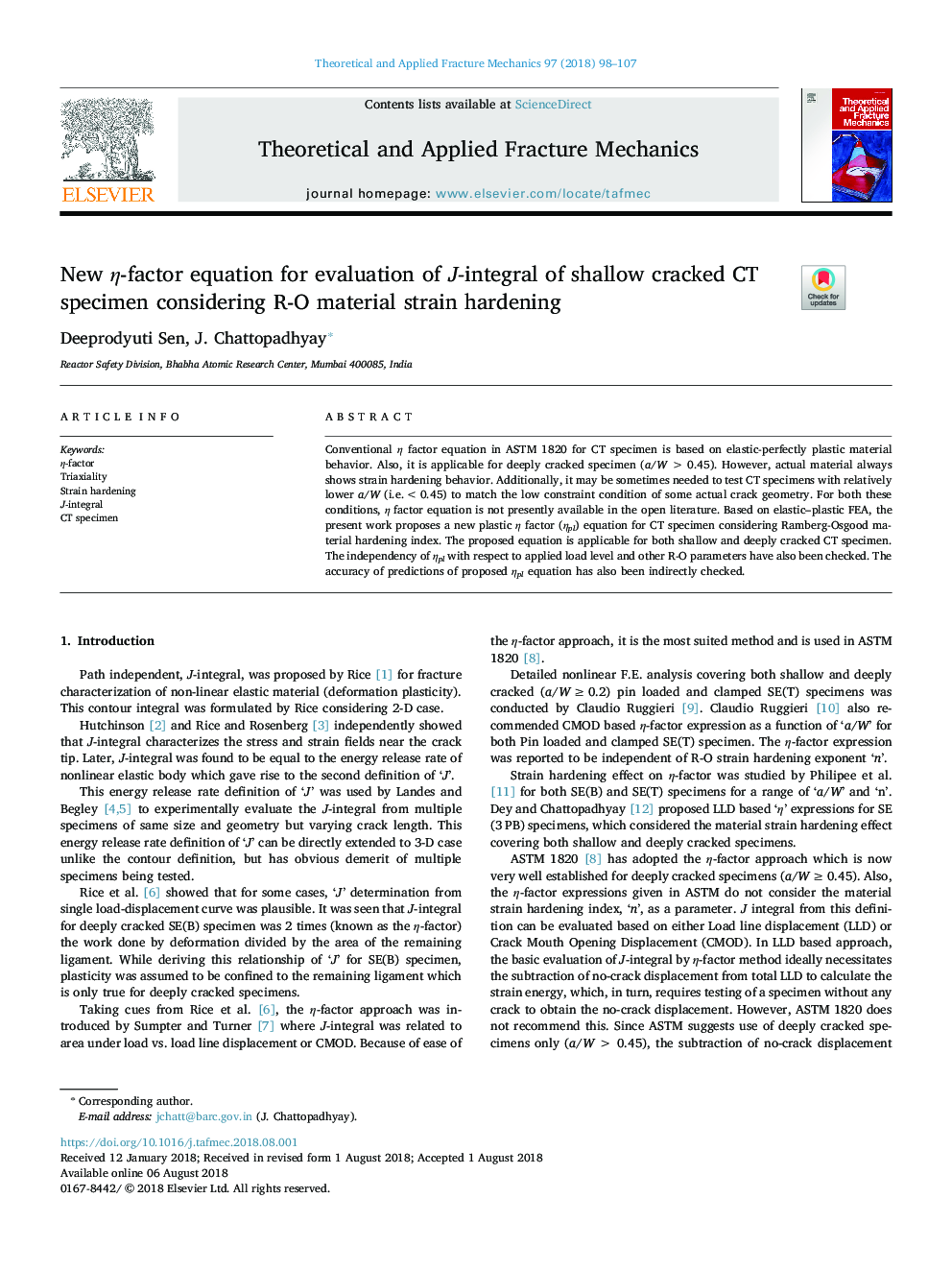 New Î·-factor equation for evaluation of J-integral of shallow cracked CT specimen considering R-O material strain hardening