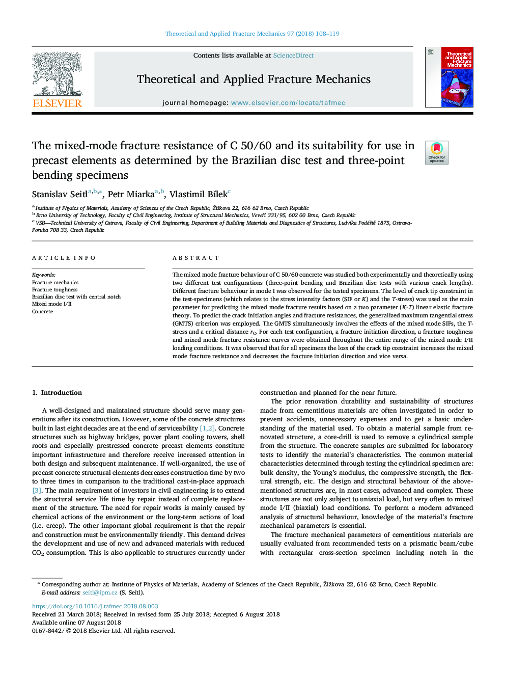 The mixed-mode fracture resistance of C 50/60 and its suitability for use in precast elements as determined by the Brazilian disc test and three-point bending specimens