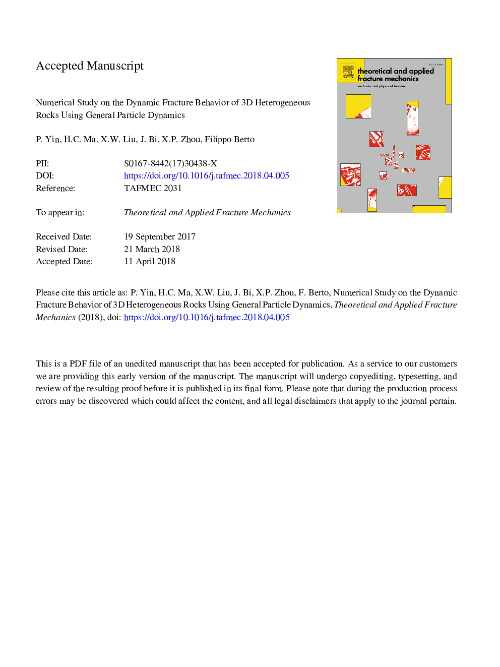 Numerical study on the dynamic fracture behavior of 3D heterogeneous rocks using General Particle Dynamics