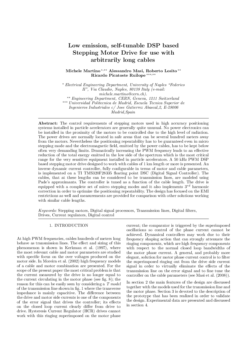 Low emission, self-tunable DSP based Stepping Motor Drive for use with arbitrarily long cables