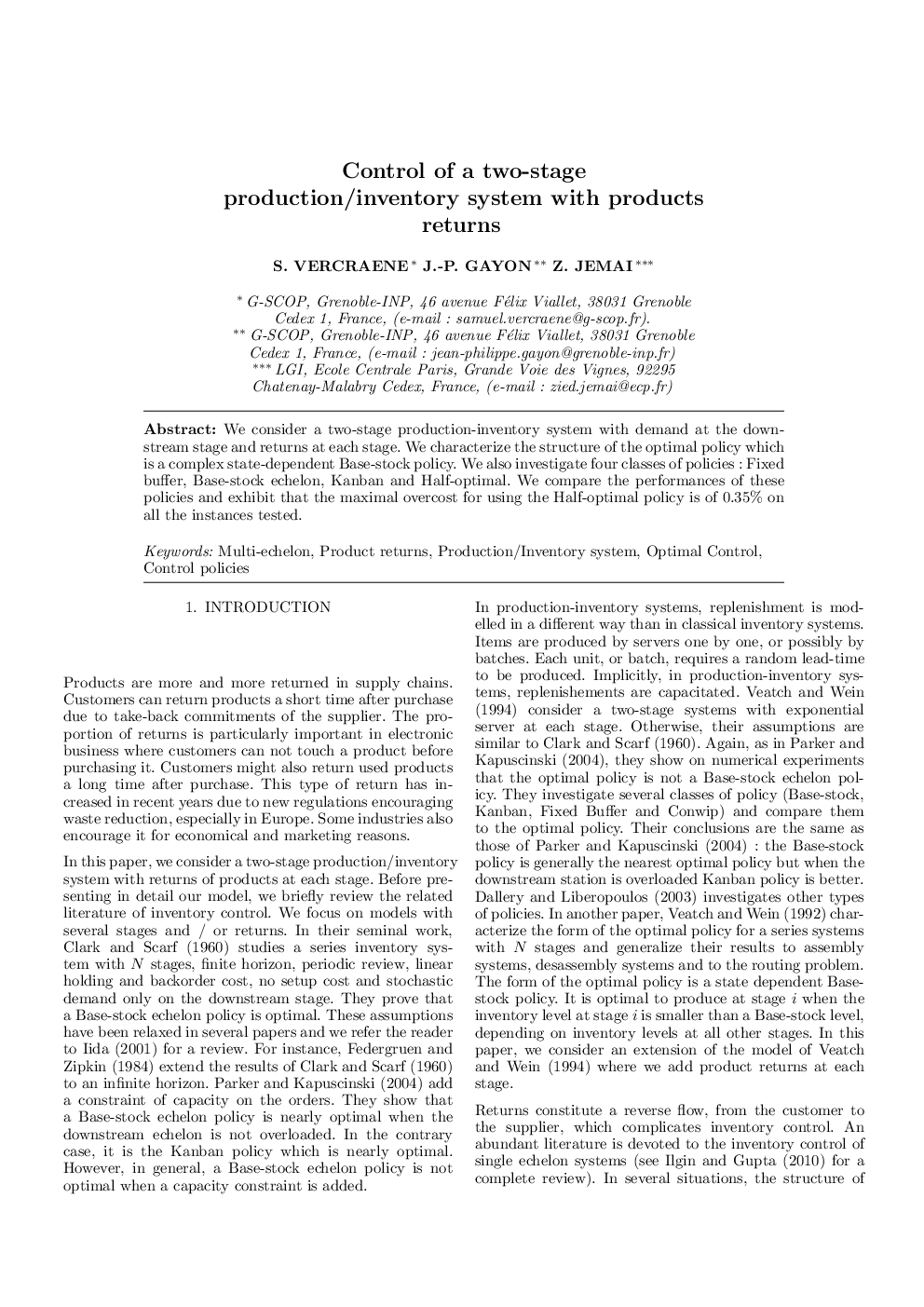 Control of a two-stage production/inventory system with products returns