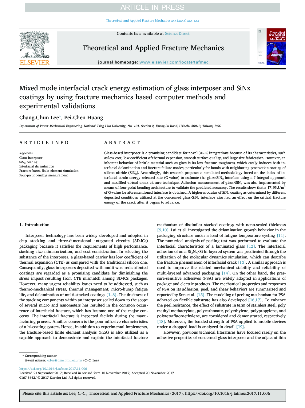 Mixed mode interfacial crack energy estimation of glass interposer and SiNx coatings by using fracture mechanics based computer methods and experimental validations