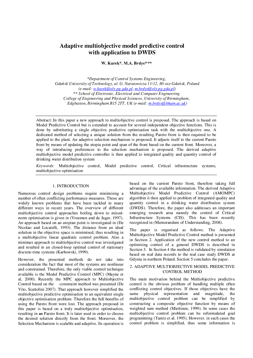 Adaptive multiobjective model predictive control with application to DWDS