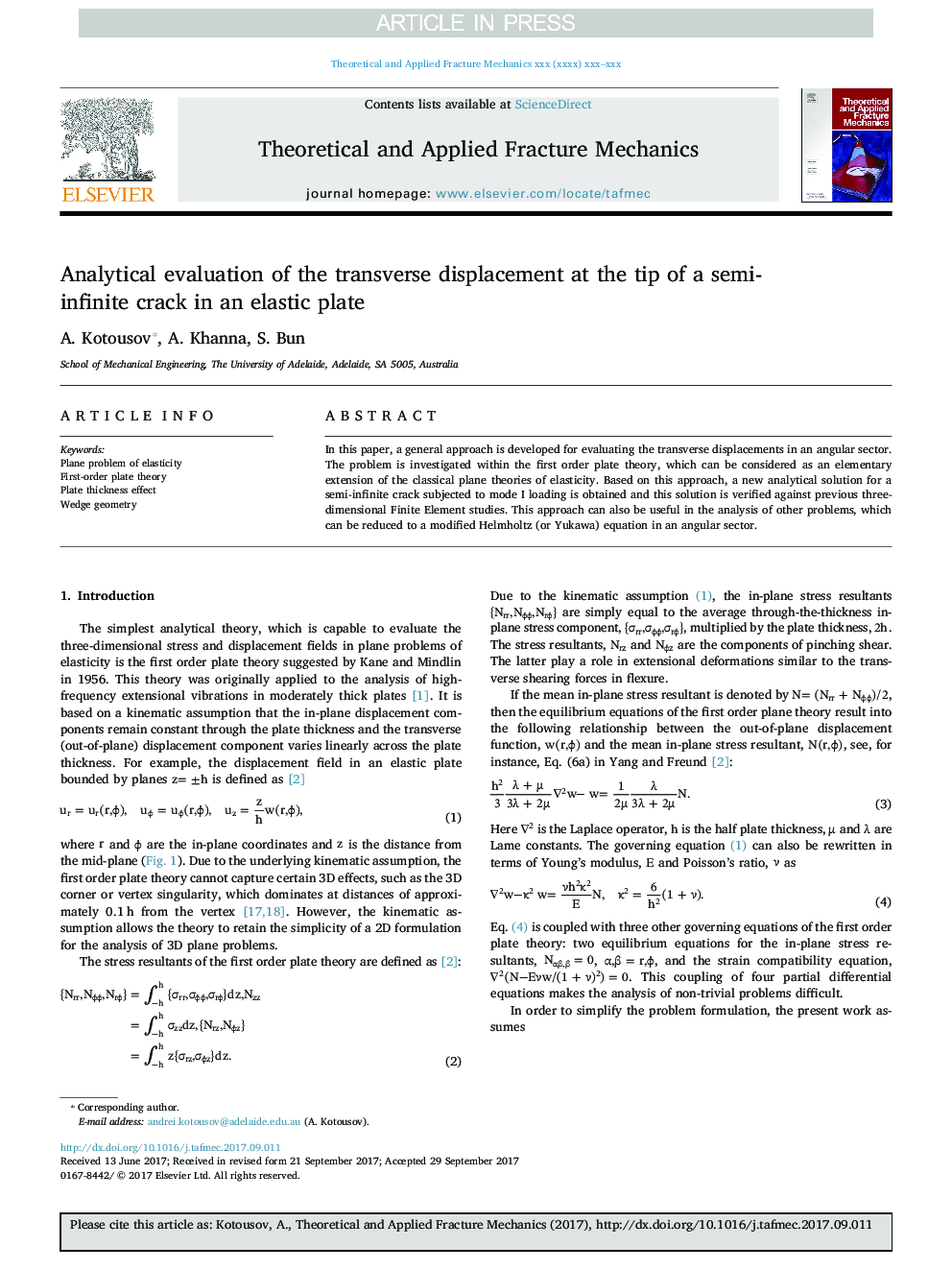 Analytical evaluation of the transverse displacement at the tip of a semi-infinite crack in an elastic plate