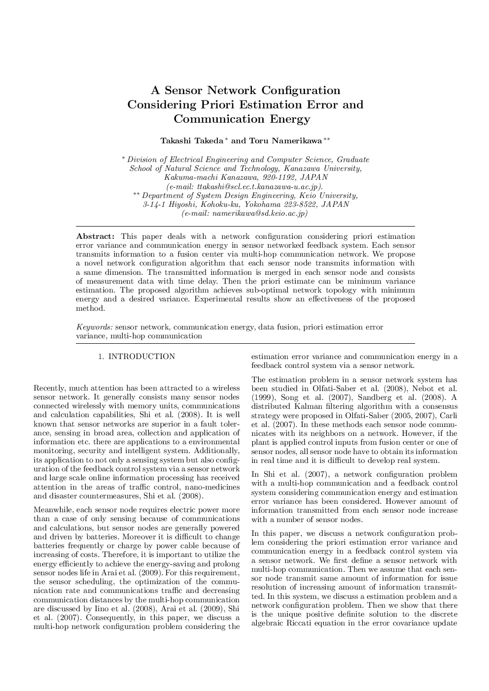 A Sensor Network Configuration Considering Priori Estimation Error and Communication Energy
