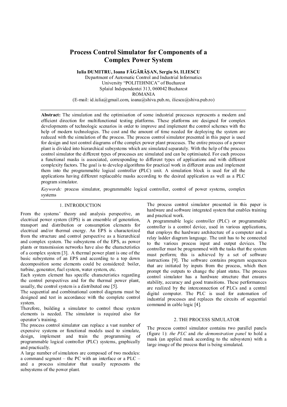 Process Control Simulator for Components of a Complex Power System