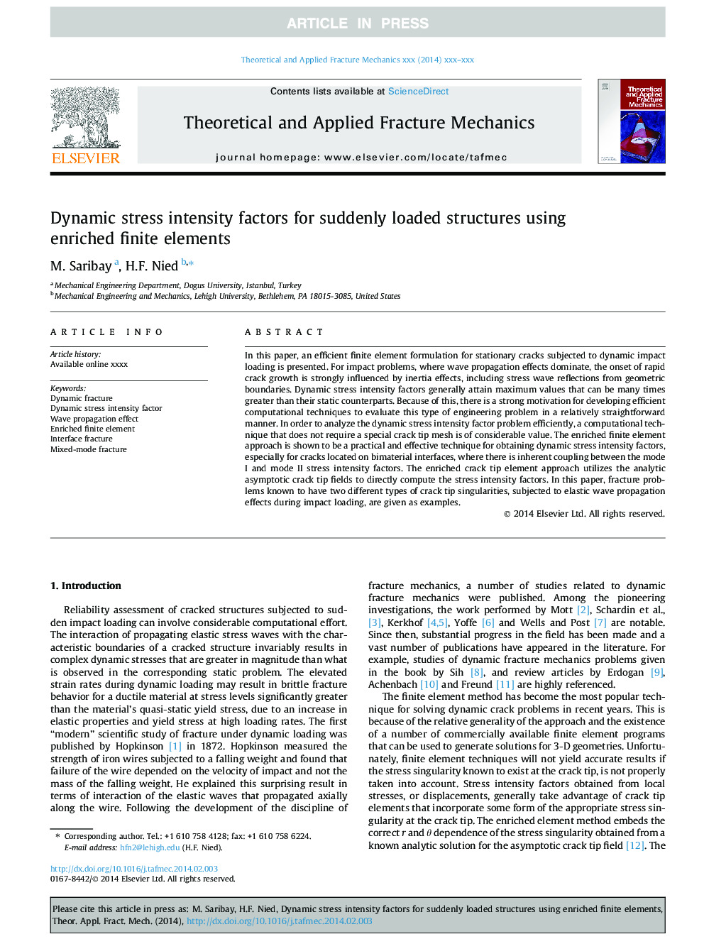 Dynamic stress intensity factors for suddenly loaded structures using enriched finite elements