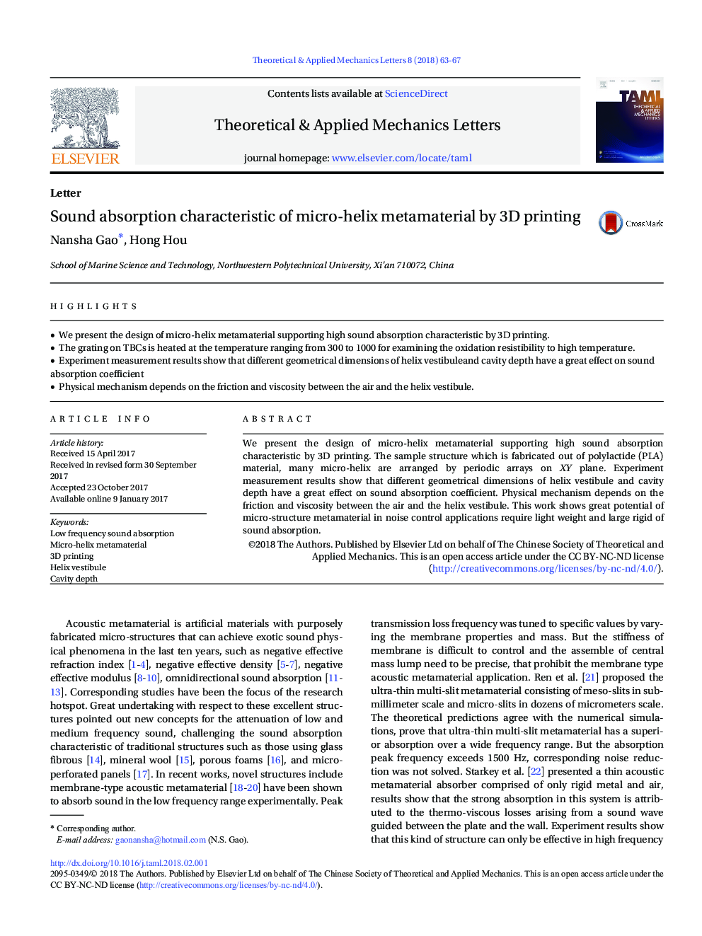 Sound absorption characteristic of micro-helix metamaterial by 3D printing