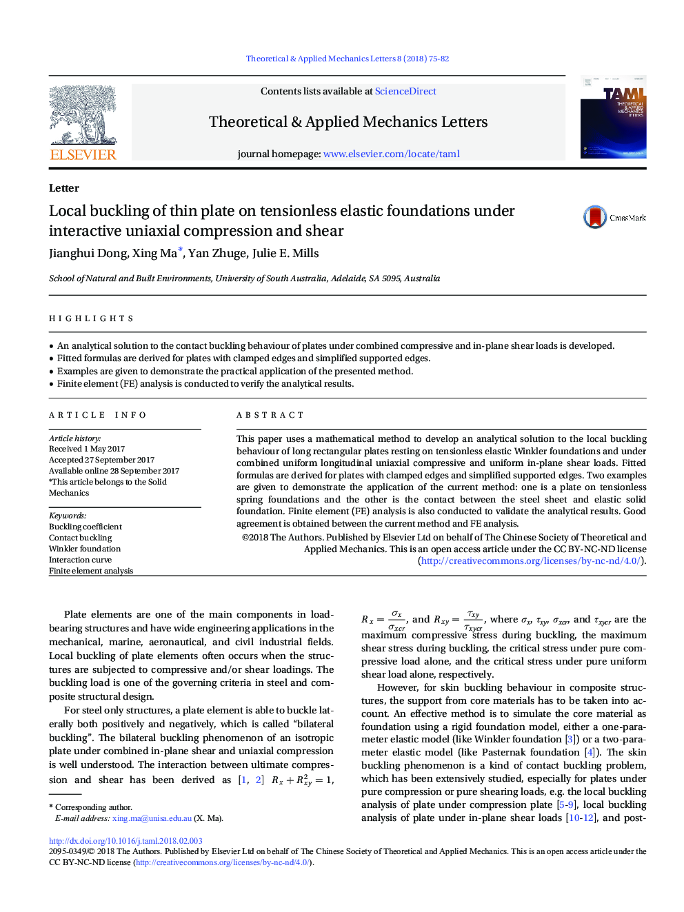 Local buckling of thin plate on tensionless elastic foundations under interactive uniaxial compression and shear