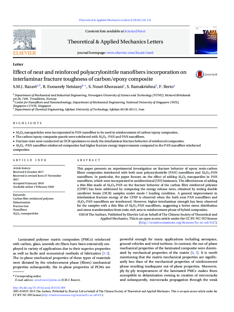 Effect of neat and reinforced polyacrylonitrile nanofibers incorporation on interlaminar fracture toughness of carbon/epoxy composite