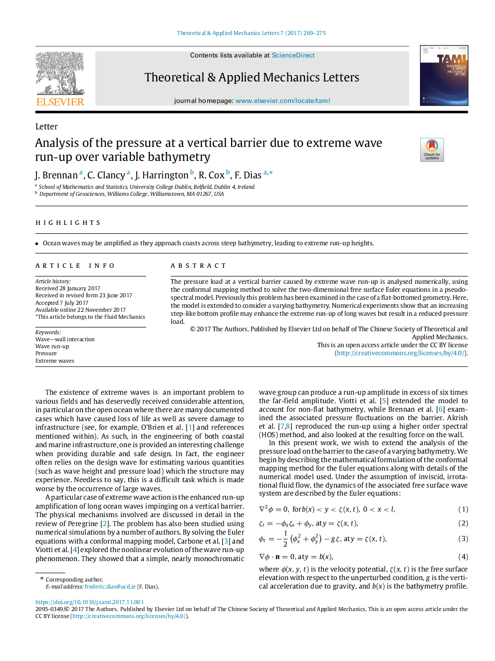 Analysis of the pressure at a vertical barrier due to extreme wave run-up over variable bathymetry