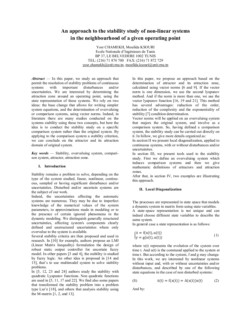 An approach to the stability study of non-***linear systems in the neighbourhood of a given operating point