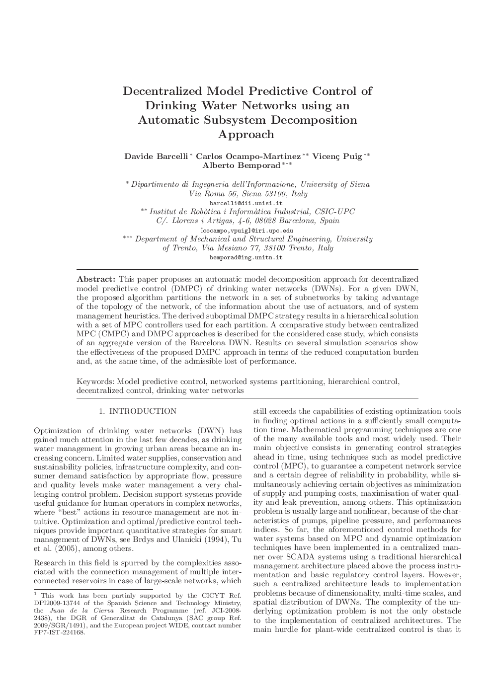 Decentralized Model Predictive Control of Drinking Water Networks using an Automatic Subsystem Decomposition Approach