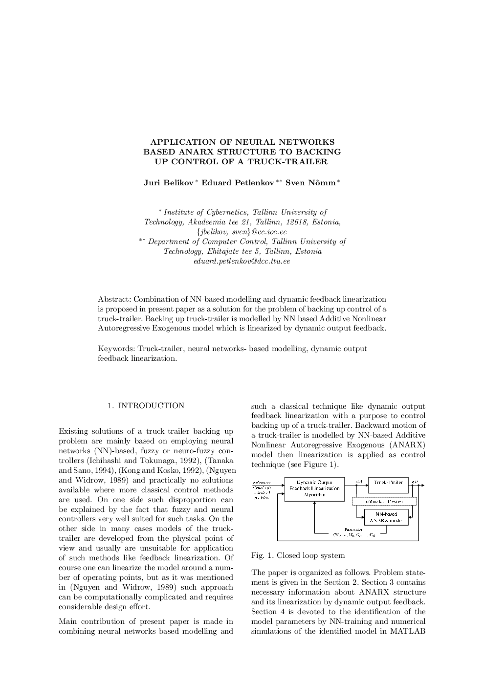 APPLICATION OF NEURAL NETWORKS BASED ANARX STRUCTURE TO BACKING UP CONTROL OF A TRUCK-TRAILER