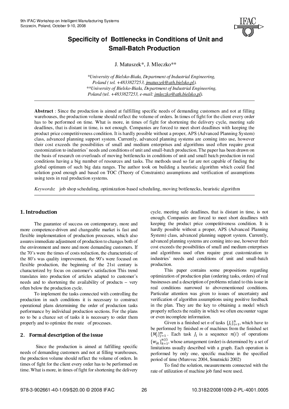 Specificity of Bottlenecks in Conditions of Unit and Small-Batch Production