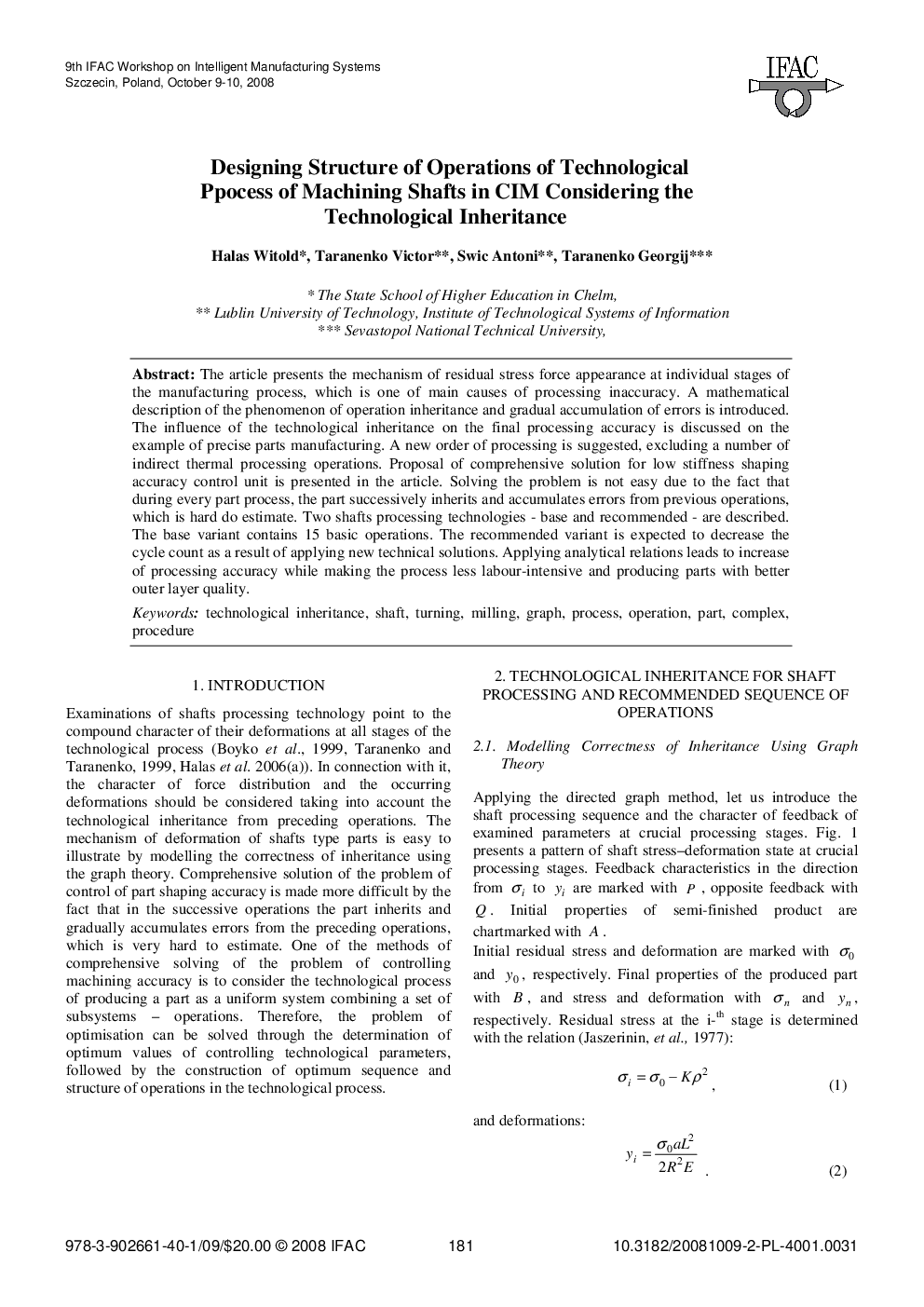Designing Structure of Operations of Technological Ppocess of Machining Shafts in CIM Considering the Technological Inheritance