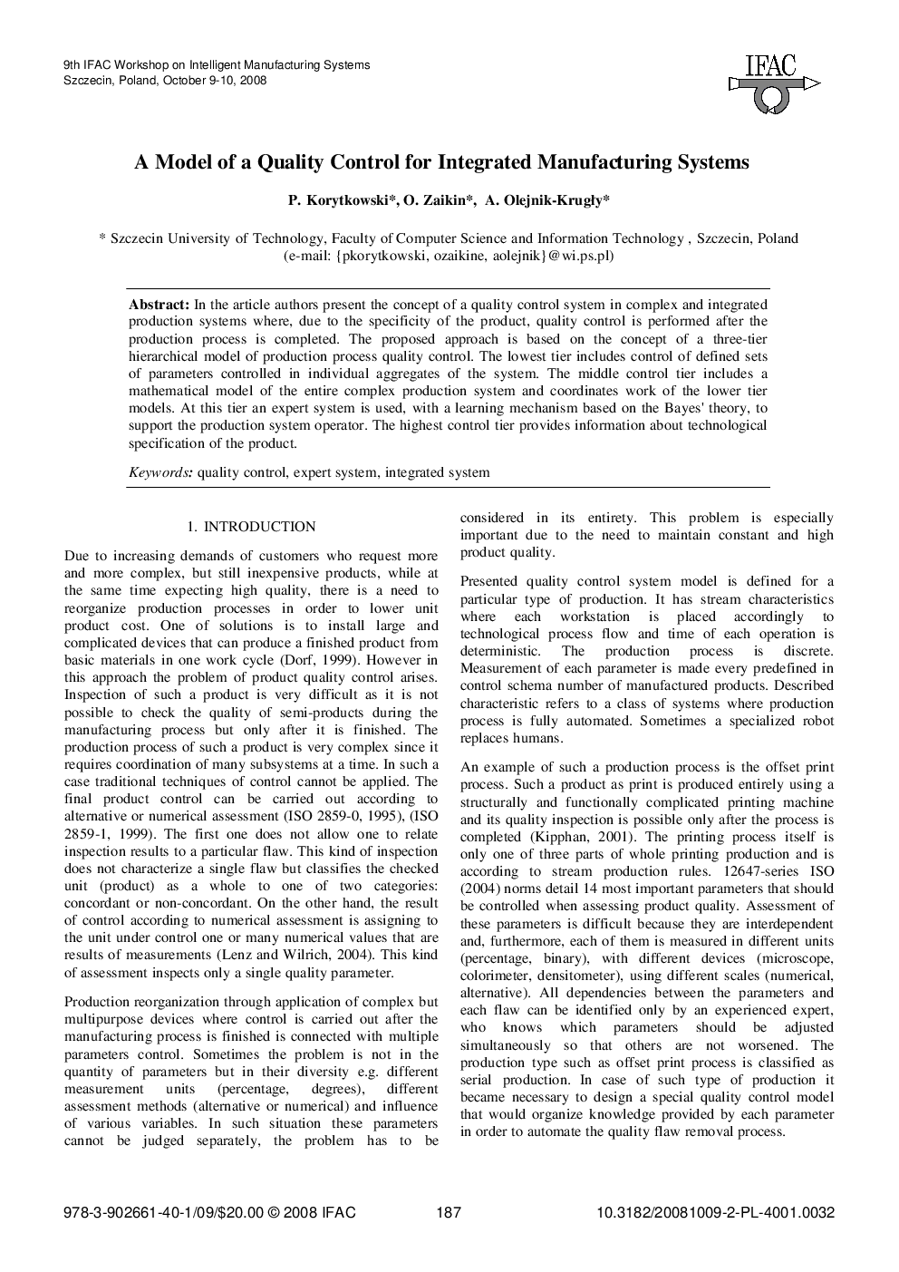 عکس صفحه اول مقاله: A Model of a Quality Control for Integrated Manufacturing Systems A Model of a Quality Control for Integrated Manufacturing Systems