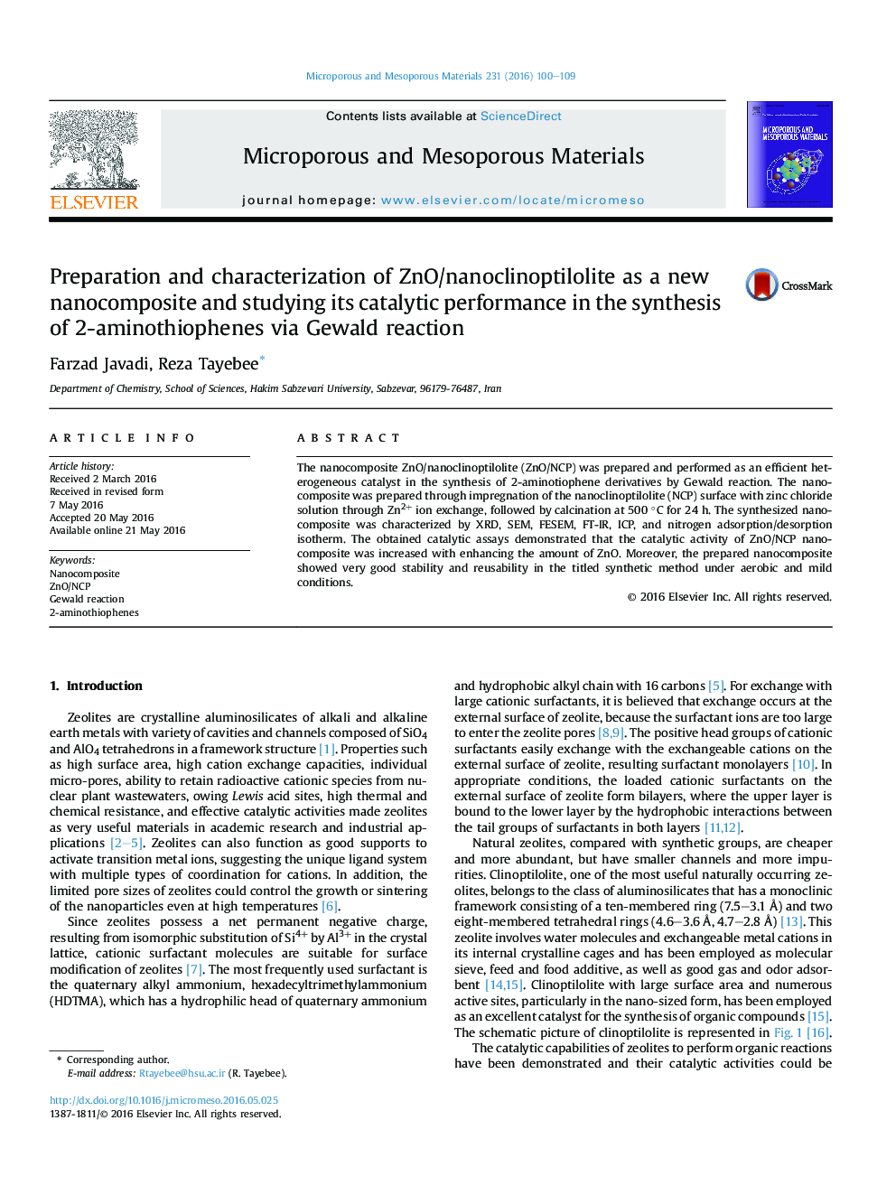 Preparation and characterization of ZnO/nanoclinoptilolite as a new nanocomposite and studying its catalytic performance in the synthesis of 2-aminothiophenes via Gewald reaction