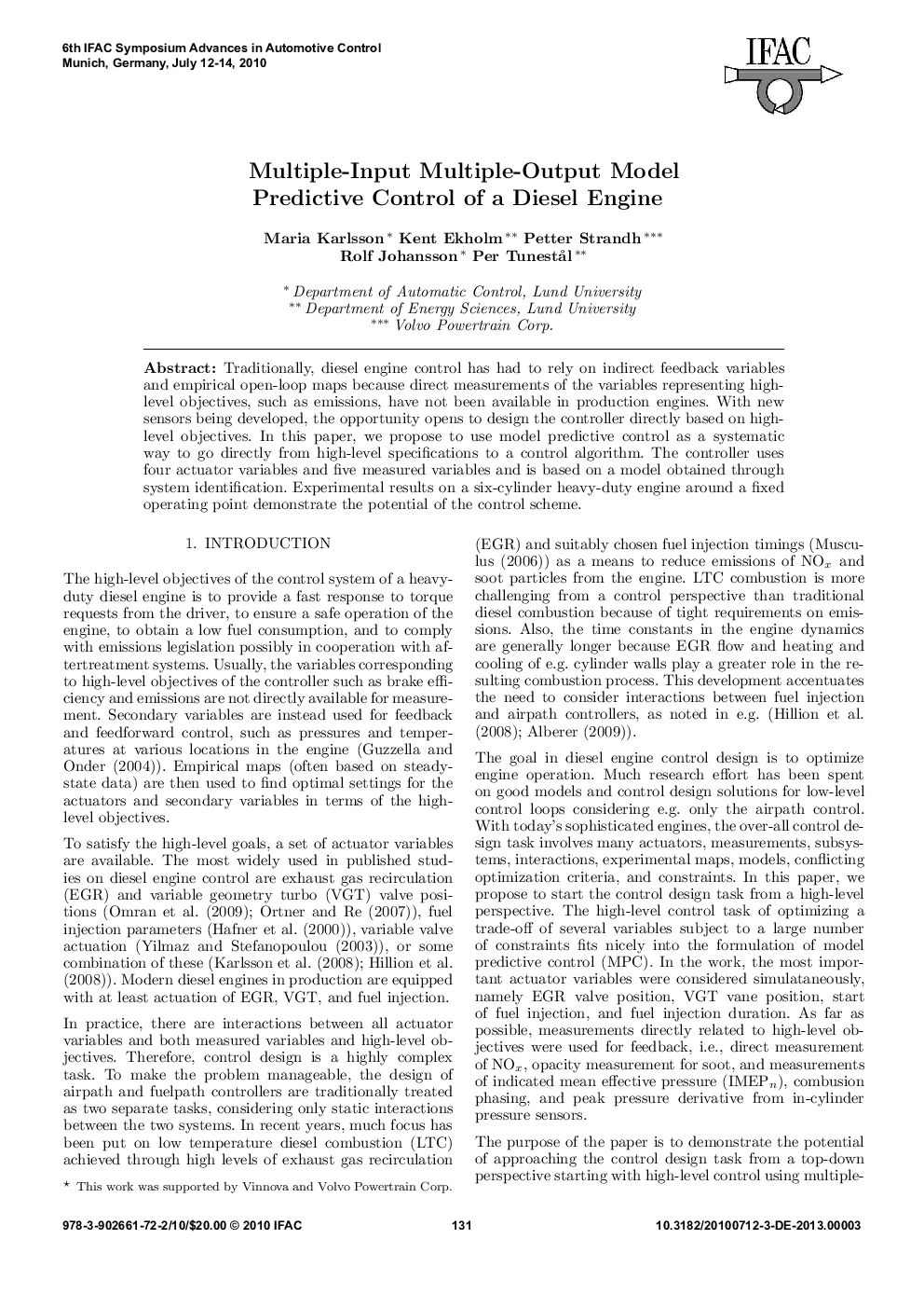 Multiple-Input Multiple-Output Model Predictive Control of a Diesel Engine