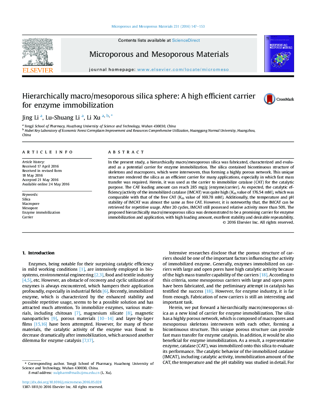 Hierarchically macro/mesoporous silica sphere: A high efficient carrier for enzyme immobilization