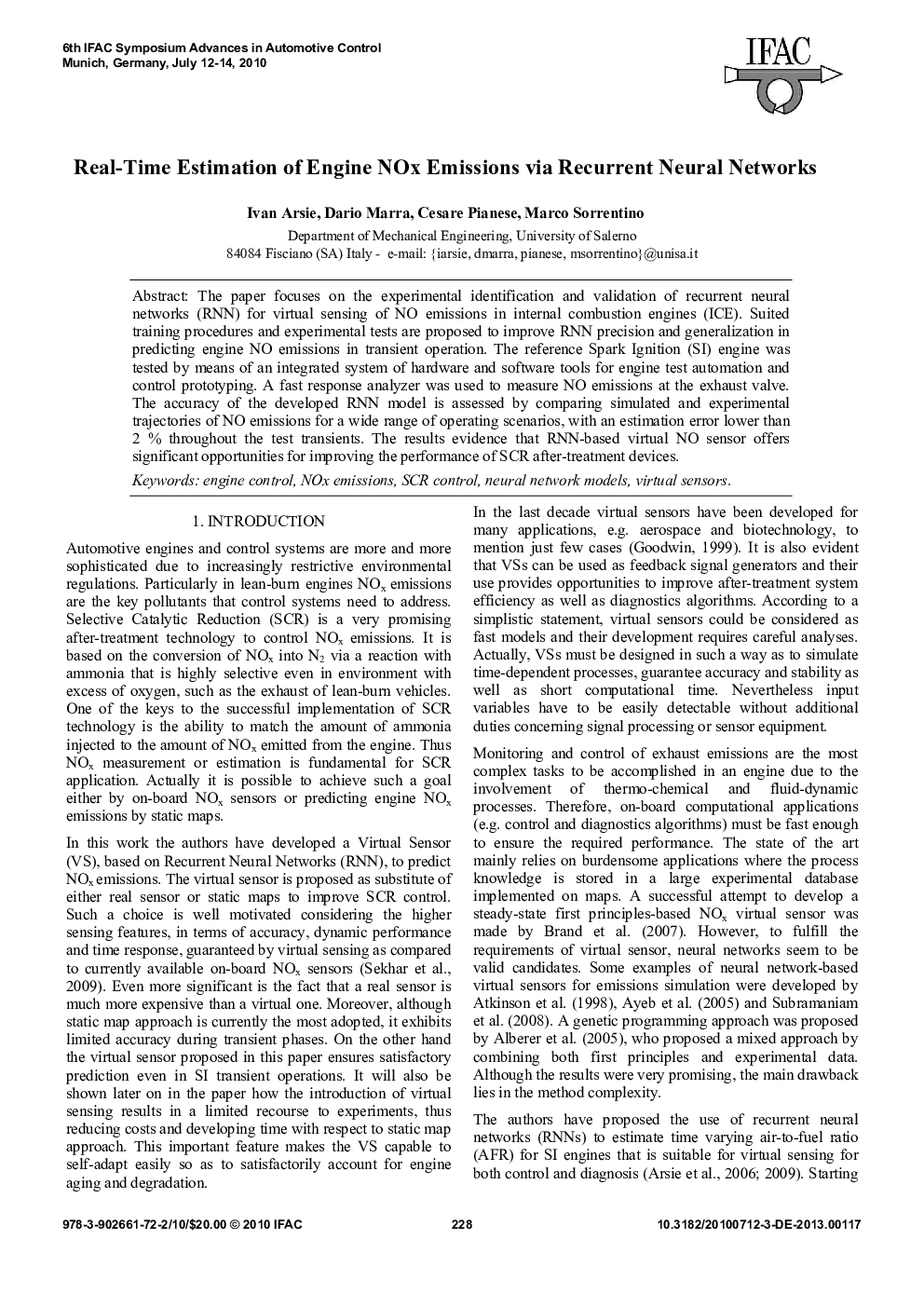 Real-Time Estimation of Engine NOx Emissions via Recurrent Neural Networks