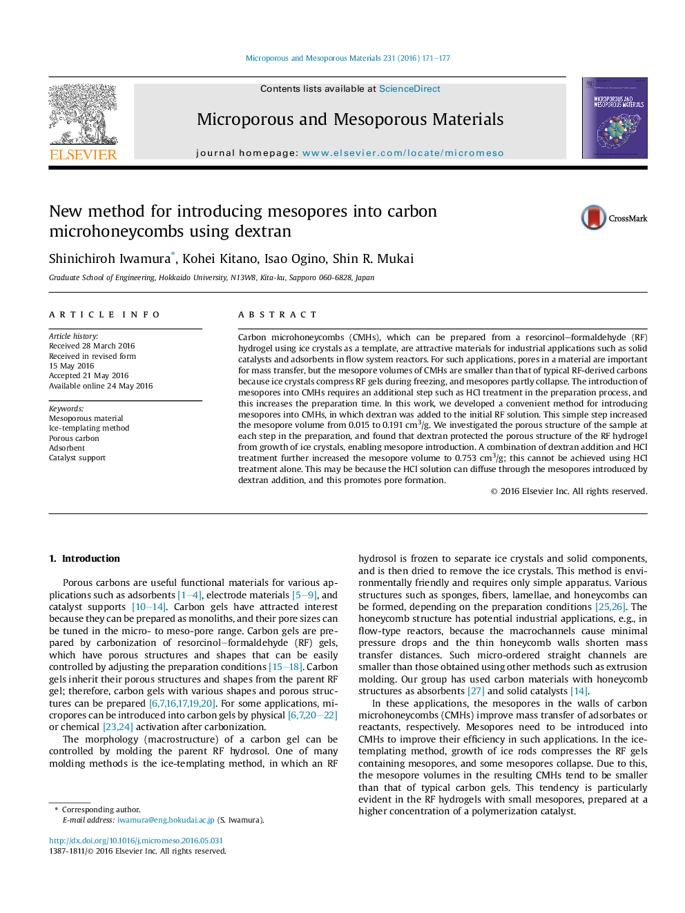 New method for introducing mesopores into carbon microhoneycombs using dextran