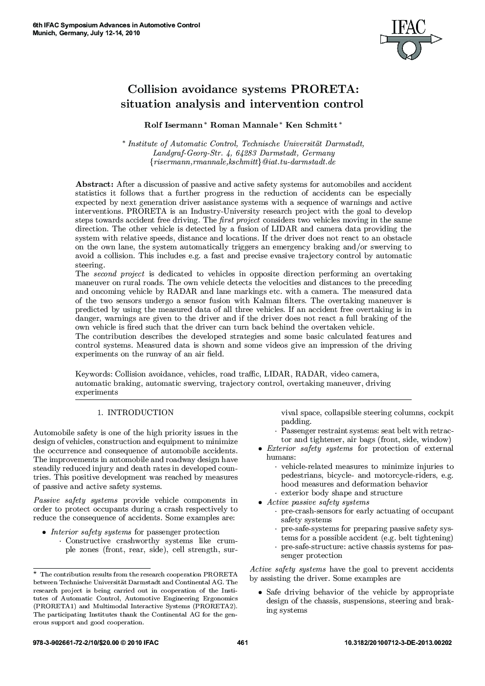 Collision avoidance systems PRORETA: situation analysis and intervention control