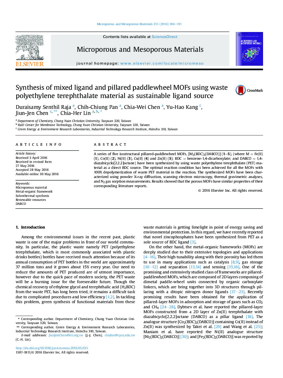 Synthesis of mixed ligand and pillared paddlewheel MOFs using waste polyethylene terephthalate material as sustainable ligand source