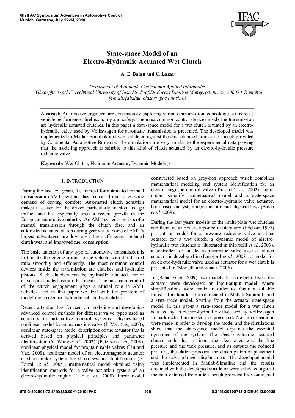 State-space Model of an Electro-Hydraulic Actuated Wet Clutch