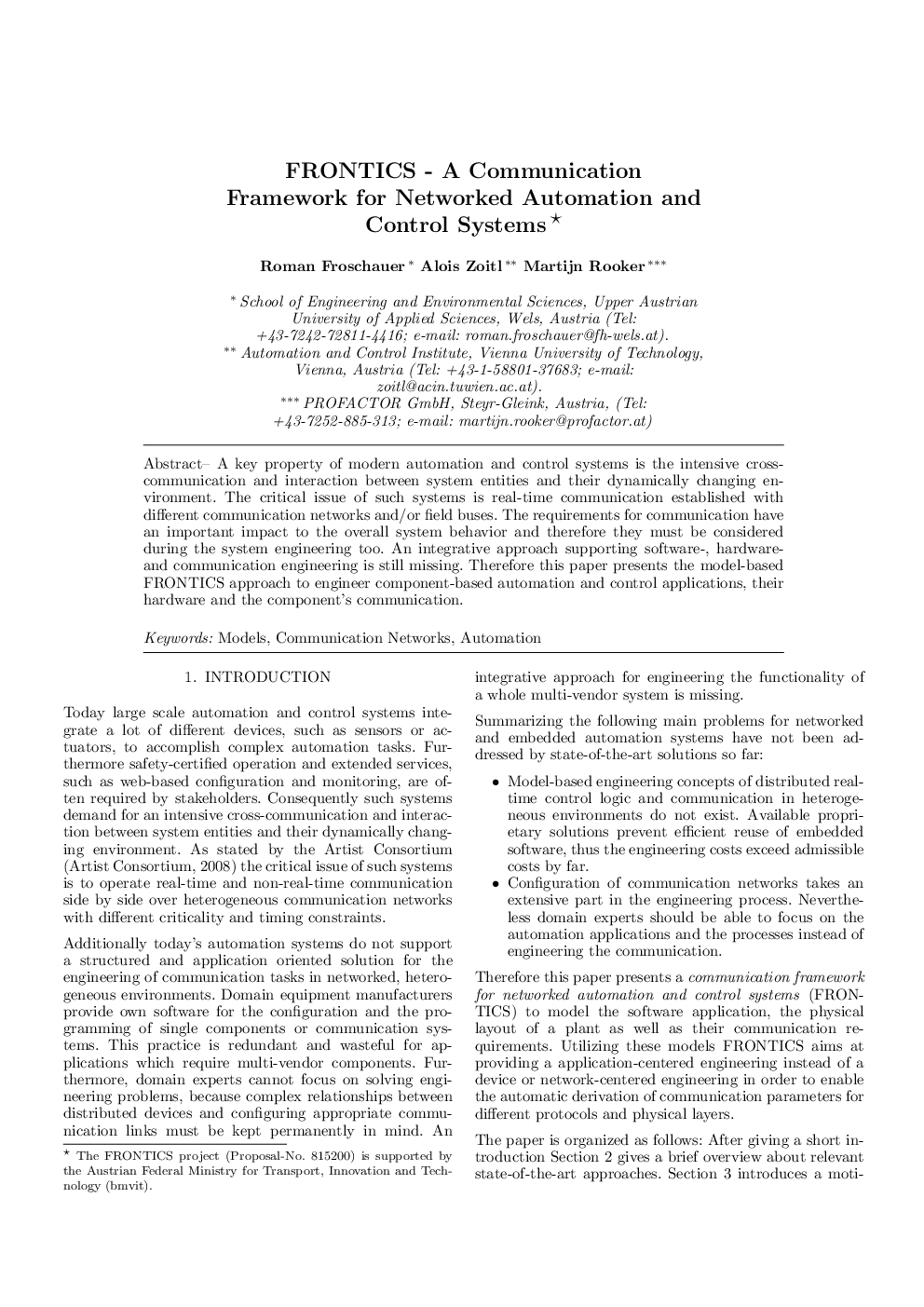 FRONTICS - A Communication Framework for Networked Automation and Control Systems*