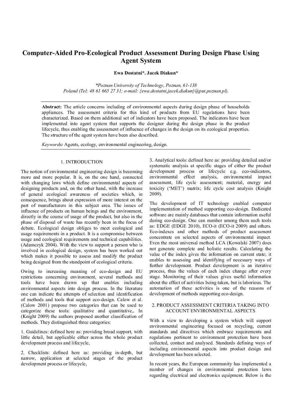 Computer-Aided Pro-Ecological Product Assessment During Design Phase Using Agent System