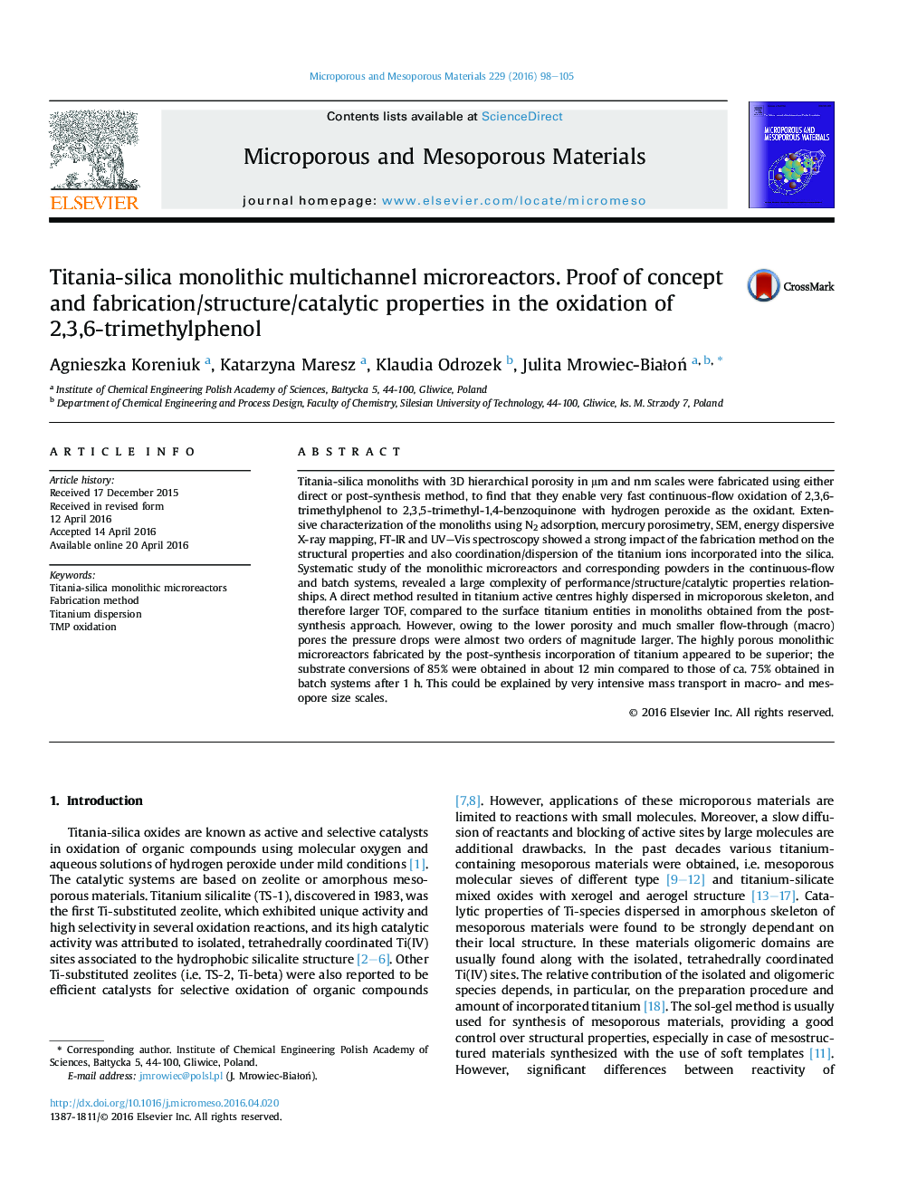 Titania-silica monolithic multichannel microreactors. Proof of concept and fabrication/structure/catalytic properties in the oxidation of 2,3,6-trimethylphenol