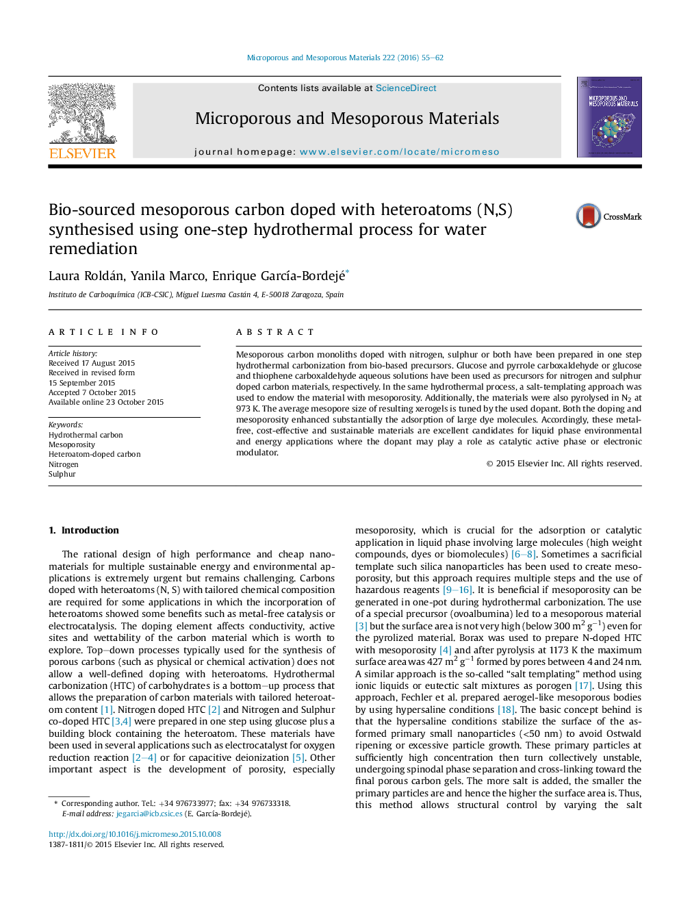 Bio-sourced mesoporous carbon doped with heteroatoms (N,S) synthesised using one-step hydrothermal process for water remediation