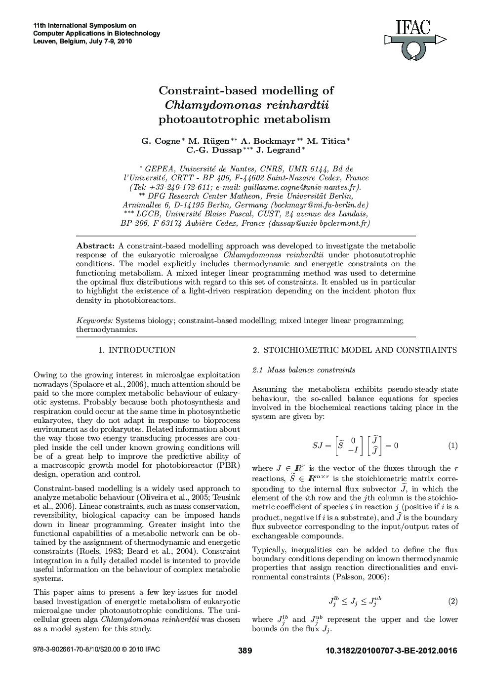 Constraint-based modelling of Chlamydomonas reinhardtii photoautotrophic metabolism