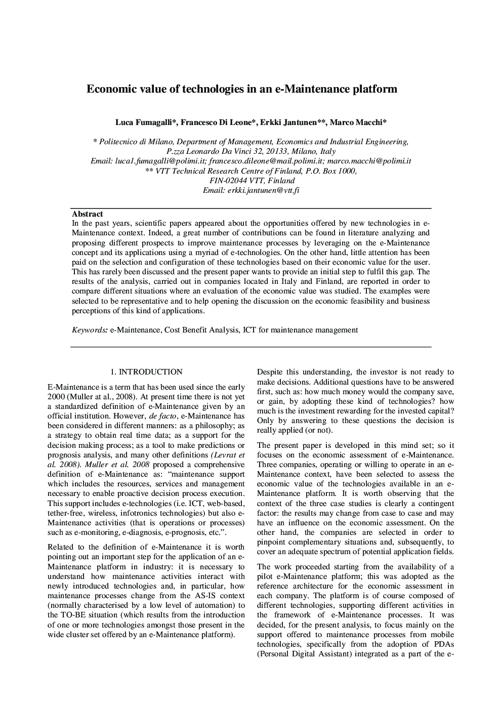 عکس صفحه اول مقاله: Economic value of technologies in an e-Maintenance platform Economic value of technologies in an e-Maintenance platform