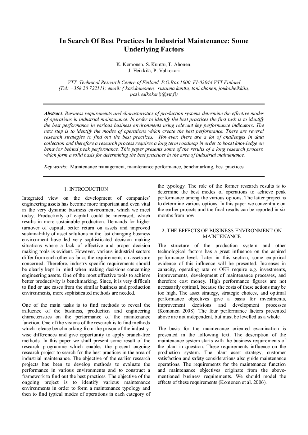 In Search Of Best Practices In Industrial Maintenance: Some Underlying Factors