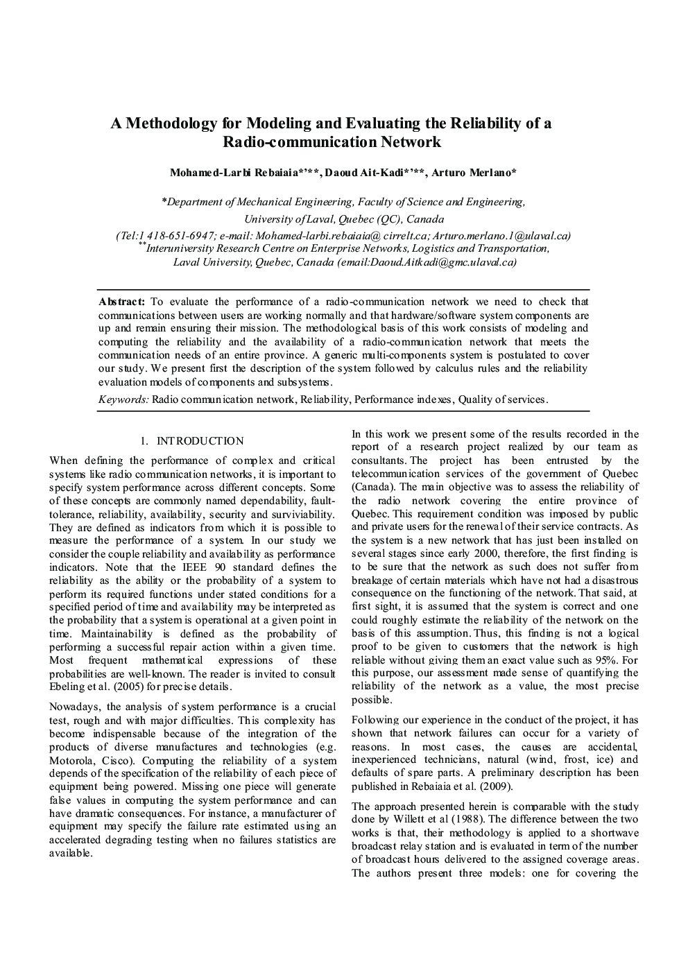 A Methodology for Modeling and Evaluating the Reliability of a Radio-communication Network
