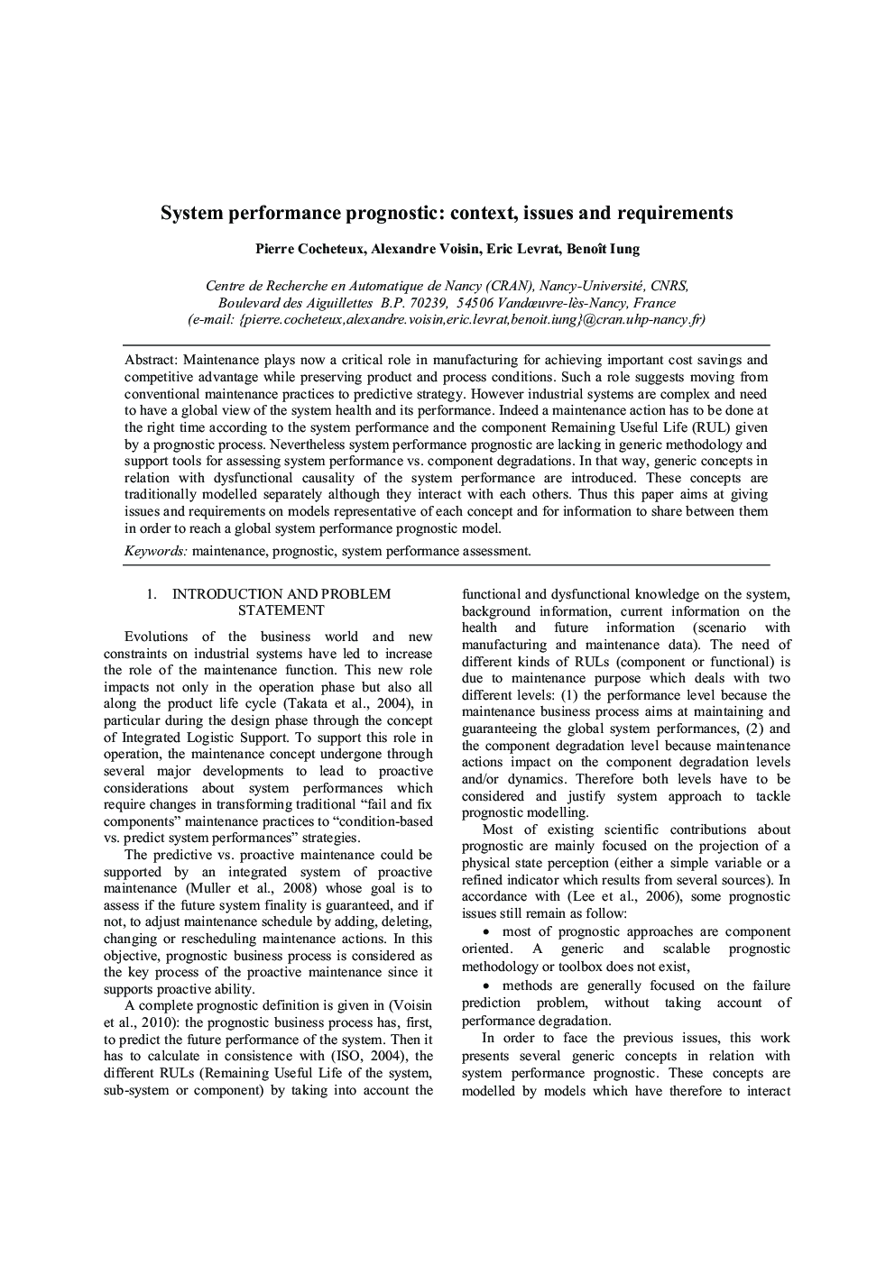 System performance prognostic: context, issues and requirements