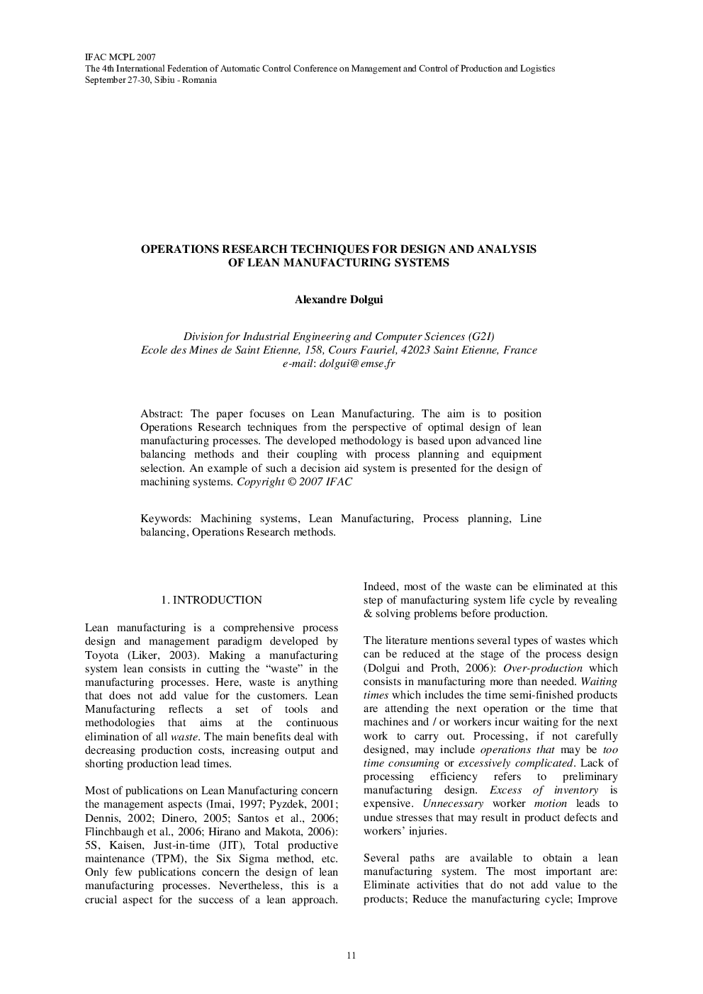 OPERATIONS RESEARCH TECHNIQUES FOR DESIGN AND ANALYSIS OF LEAN MANUFACTURING SYSTEMS