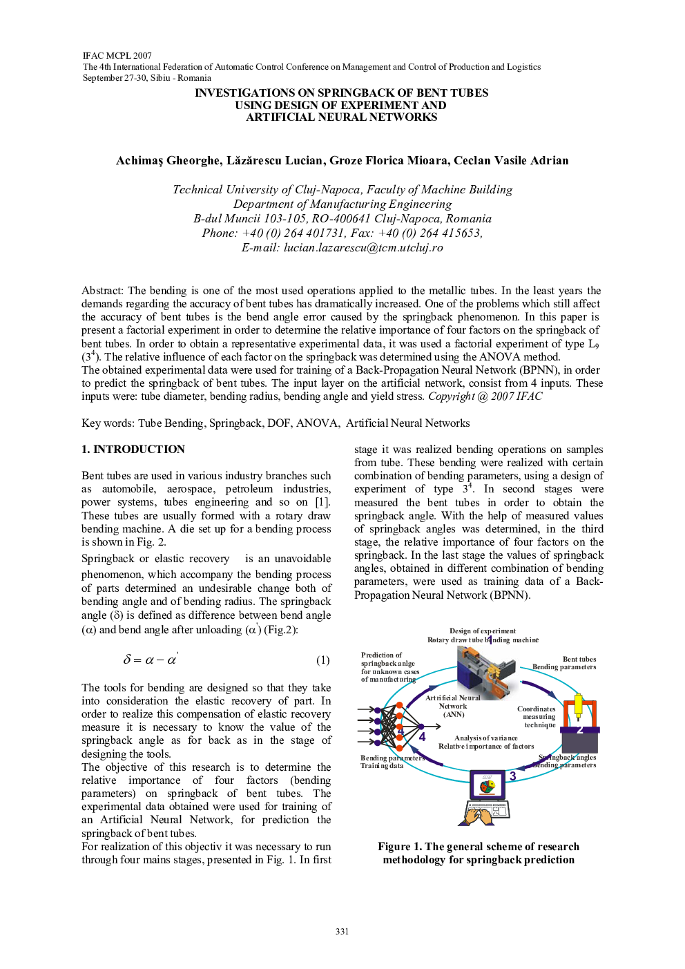 INVESTIGATIONS ON SPRINGBACK OF BENT TUBES USING DESIGN OF EXPERIMENT AND ARTIFICIAL NEURAL NETWORKS