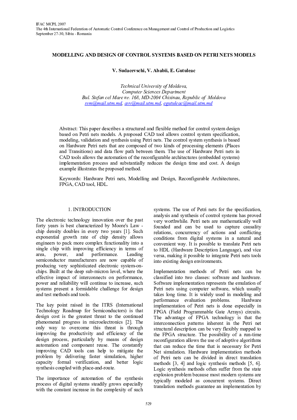 MODELLING AND DESIGN OF CONTROL SYSTEMS BASED ON PETRI NETS MODELS