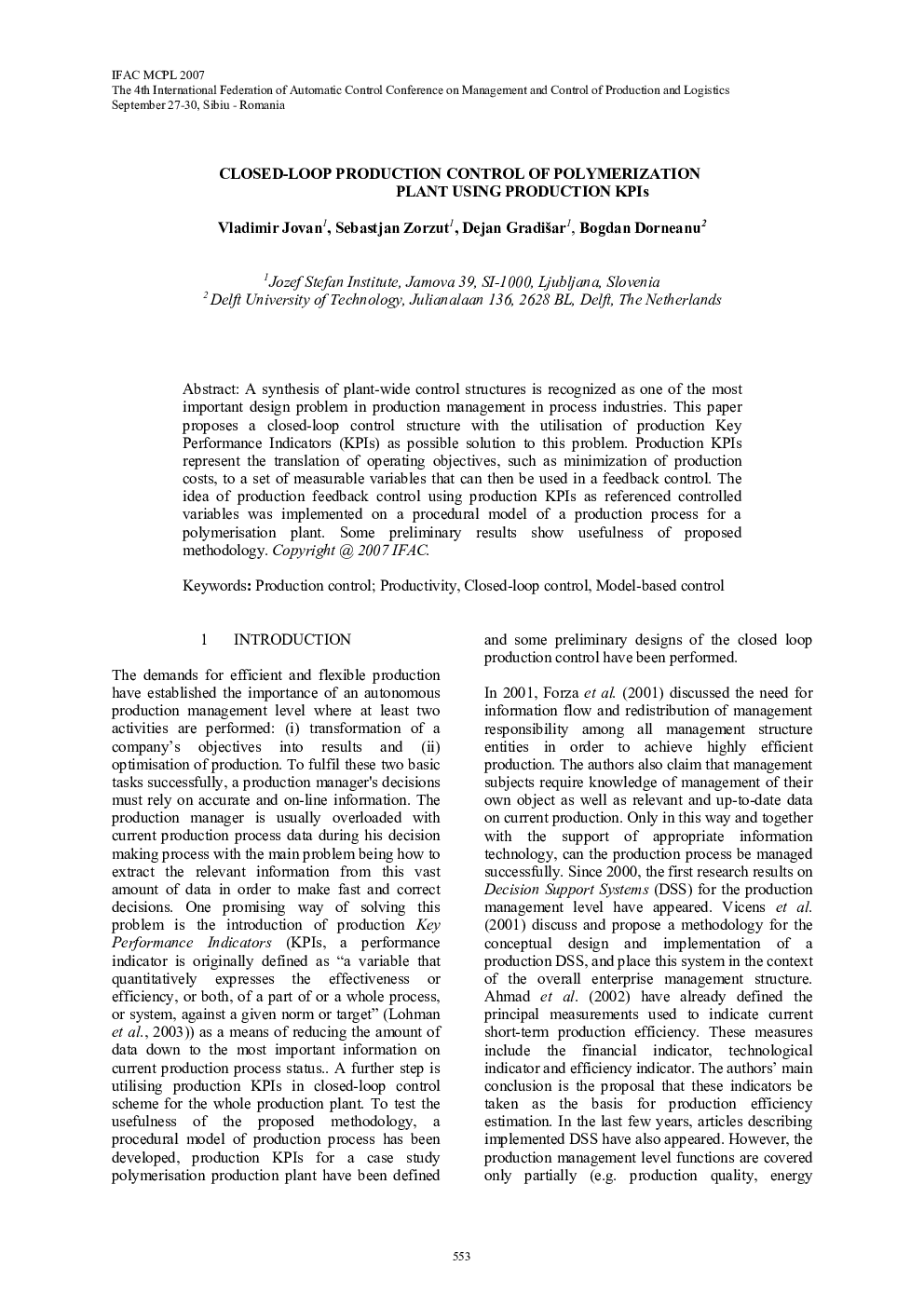 CLOSED-LOOP PRODUCTION CONTROL OF POLYMERIZATION PLANT USING PRODUCTION KPIs